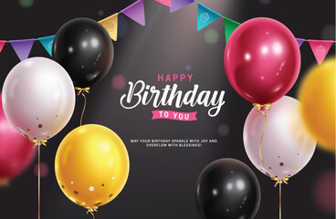 Happy birthday greeting vector template design. Birthday greeting text with inflatable balloons and pennants decoration elements for party invitation card background. Vector illustration birthday card