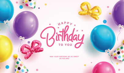 Happy birthday greeting vector template design. Birthday greeting text in white space with colorful balloons, ribbon and party hat inflatable decoration elements for invitation card background. Vector