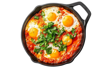 Cast Iron Skillet Shakshuka With Five Sunny Side Up Eggs and Fresh Parsley