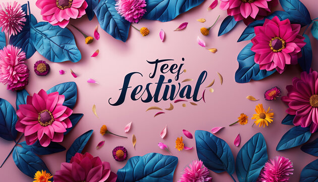 Teej Festival Greeting Card. Pink and Blue Flowers on Soft Pink Background. Design Template for Festival Celebrations.