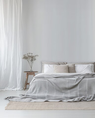 Minimalist bedroom interiors with minimal decor, neutral colors and copyspace for text. Interior design home decor composition.