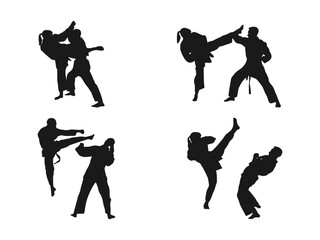 young man and woman practicing karate silhouettes. two karateka are fighting in silhouette. This is a martial arts silhouette design. Big set of vector illustration. isolated in white background.