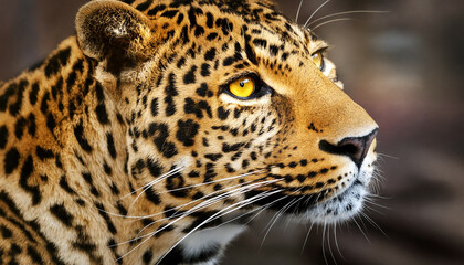 A striking portrait of a leopard with a piercing yellow eye highlighting its fierce and majestic presence