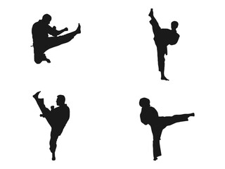taekwondo back kick silhouettes. Asian martial arts, isolated vector black silhouettes. young karate boys silhouettes. This is a martial arts silhouette design. isolated in white background.