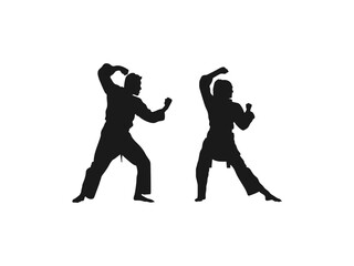 young man and woman practicing karate silhouettes. two karateka are fighting in silhouette. This is a martial arts silhouette design. Big set of vector illustration. isolated in white background.