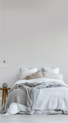 Minimalist bedroom interiors with minimal decor, neutral colors and copyspace for text. Interior design home decor composition.
