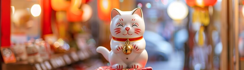 Obraz premium Traditional Maneki Neko Figurine on Cushion in Vibrant Asian Marketplace