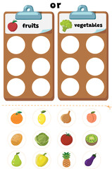 Sorting game fruits or vegetables. Preschool worksheet for kids. Cut and glue educational children game.