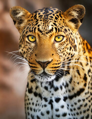 A striking portrait of a leopard with a piercing yellow eye highlighting its fierce and majestic presence