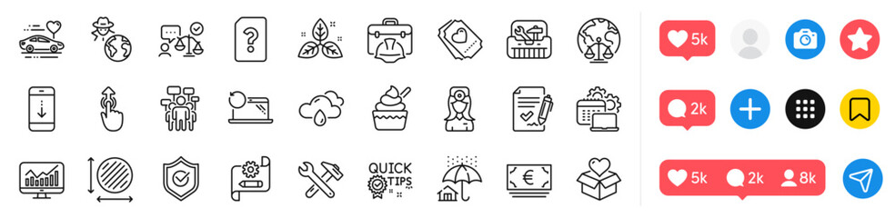 Spanner tool, Cogwheel blueprint and Love ticket line icons pack. Social media icons. Fraud, Donation, Oculist doctor web icon. Lawyer, Construction toolbox, Swipe up pictogram. Vector