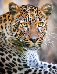 A striking portrait of a leopard with a piercing yellow eye highlighting its fierce and majestic presence