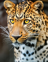 Obraz premium A striking portrait of a leopard with a piercing yellow eye highlighting its fierce and majestic presence
