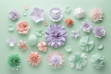 Circle of various paper flowers on light green background, top view for beauty and art concept