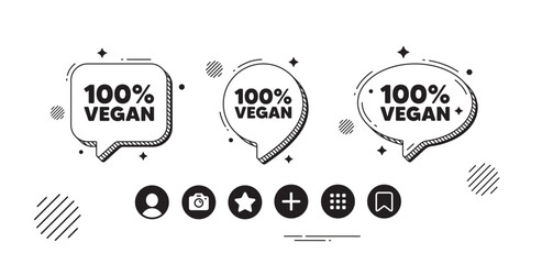 100 percent vegan tag. Speech bubble offer icons. Organic bio food sign. Vegetarian product symbol. Vegan food chat text box. Social media icons. Speech bubble text balloon. Vector