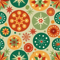 Seamless pattern of circles with holiday-inspired motifs like snowflakes and ornaments, spreading joy and cheer, Generative AI
