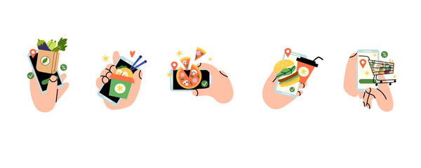 Food delivery. Hand hold smartphone, mobile app screen. Products fast order. Online grocery and cafe or restaurant. Pizza and burger, eco vegetables. Vector cartoon flat style isolated illustration