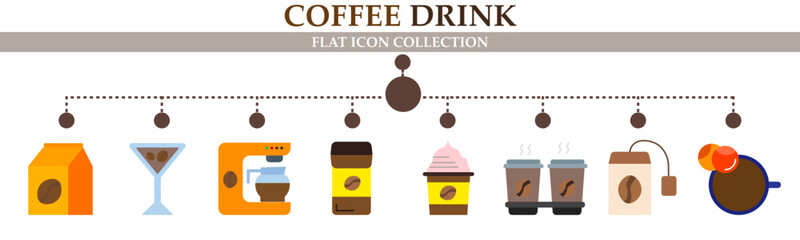 Coffee drink flat icon collection. With icon of coffee bean, espresso machine, ice cream, tea, glass and more. For sign, symbol, infographics, presentation or web graphics. Vector Illustration. 