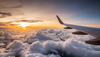 Fototapeta premium Grainy sky and a plane flying in to the clouds; aircraft with beautiful sunset glow, view from inside an aeroplane for background texture of cloudscape
