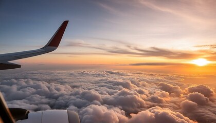 Obraz premium Grainy sky and a plane flying in to the clouds; aircraft with beautiful sunset glow, view from inside an aeroplane for background texture of cloudscape
