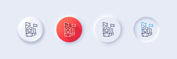 Fototapeta premium Feminism line icon. Neumorphic, Red gradient, 3d pin buttons. Women protest sign. People with flags symbol. Line icons. Neumorphic buttons with outline signs. Vector
