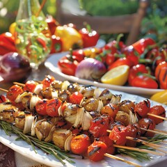 Grilled vegetable skewers on plate: onions, tomatoes, peppers. Delicious barbecue picnic meal.