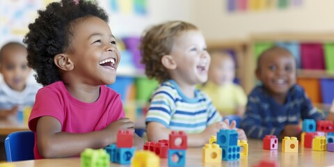 Happy kids in classroom kindergarten filled with laughter, play and learning, fostering friendship and creativity together.
