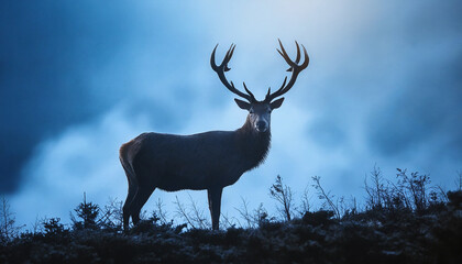 Silhouetted red deer stag in the blue mist