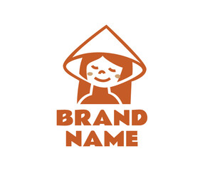 Vietnam logo design. Cute smiling Vietnamese girl with long black hair wearing a traditional Asian conical hat.