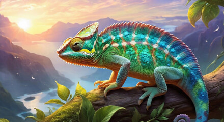 Obraz premium Chameleon, lizard head, cute chameleon sitting on a branch 