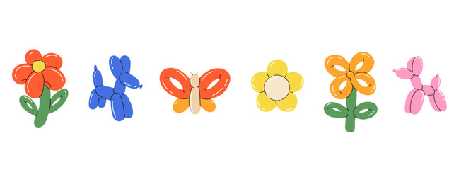 Balloon animals. inflatable dog flower and butterfly. Colorful glossy decorative rubber toy. Birthday celebration party festive y2k decor, children holidays vector cartoon flat isolated illustration