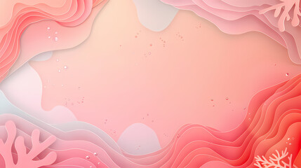 Abstract coral reef background with layered paper cut effect in pink and peach tones, featuring bubble textures and seaweed designs.