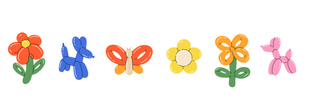 Balloon animals. inflatable dog flower and butterfly. Colorful glossy decorative rubber toy. Birthday celebration party festive y2k decor, children holidays vector cartoon flat isolated illustration
