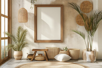 Mockup frame in a boho nomadic interior background with rural decorations