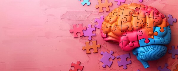 Brain and puzzle pieces, bright colors, flat design, mental clarity