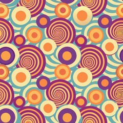 Fototapeta premium Seamless pattern of circles with retro-inspired patterns like mod dots and geometric shapes, perfect for a vintage-themed gift wrap, Generative AI