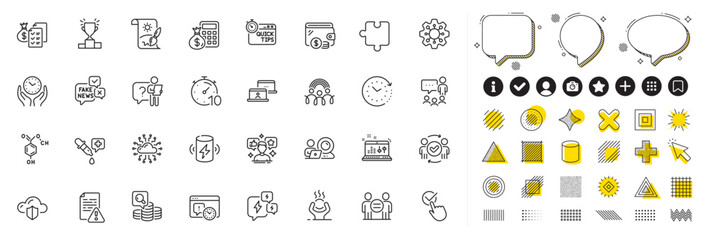 Set of Time change, Accounting wealth and Project deadline line icons for web app. Design elements, Social media icons. Cloud protection, Charge battery, Quick tips icons. Vector