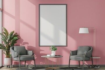 Pink living room wall background, with gray decorative chairs, lamp frame center table and poster style. HD, realistic, copy space. Generative ai