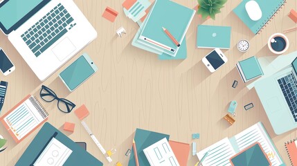 Modern office workspace with flat design elements, top view
