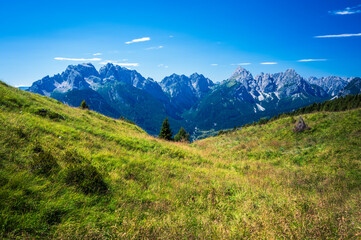 Fototapeta premium Eastern Dolomites. Sappada, Olbe Lakes. Breathtaking view of the upper Montrgna.