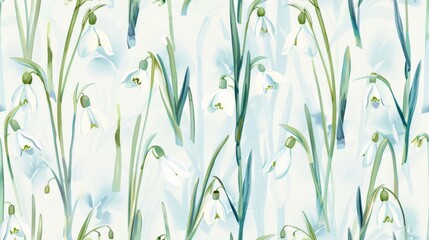 Fototapeta premium Delicate watercolor snowdrops in a winter-themed seamless pattern seamless pattern