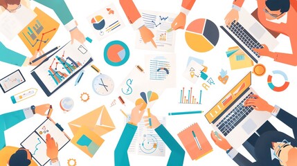 Startup team working on innovative business plans, flat design, top view