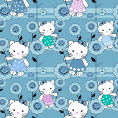 Seamless kids kitten kitty blue pattern background