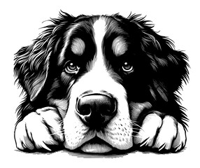 Hand drawn Bernese Mountain Dog portrait, vector sketch isolated on white background.	