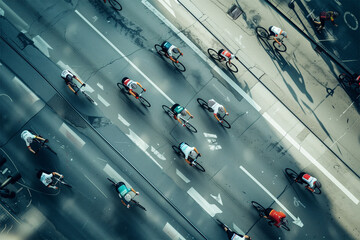 Fototapeta premium An AI generative top down image of road fill with cyclist cycling in the town.