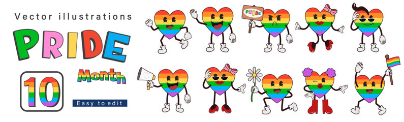 Rainbow heart pride month. LGBT. LGBTQ community, lesbian girl, love elements, LGBT Pride Month symbols, heart, emoji icons and groovy celebration. Vector illustration