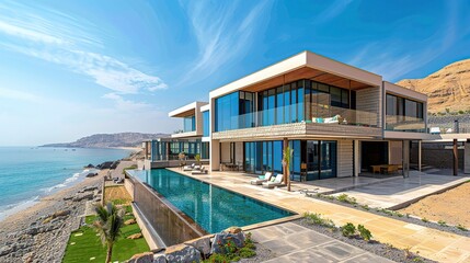 Fototapeta premium Panoramic photo of luxury private villas of 500sqm each built above the coastline in Oman. Modern, elegant, linear architecture, horizontally unfolding design, large blue windows.