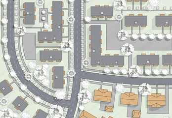 Top view of the city. Plan of town or village with houses, roof, park. Cityscape aerial landscape from above. Background town map Vector Landscape design plan. Highly detailed country map illustration