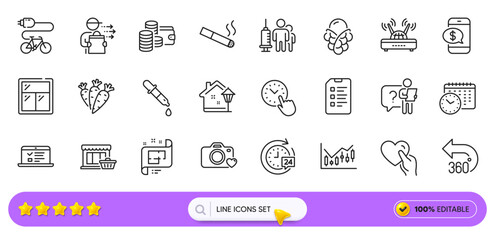 Checklist, Financial diagram and Web lectures line icons for web app. Pack of Food delivery, Electric bike, Smoking pictogram icons. 24h delivery, Carrots, Medical vaccination signs. Vector