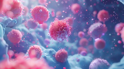 Fototapeta premium 3D illustration of virus or bacteria cells floating in a blue background.