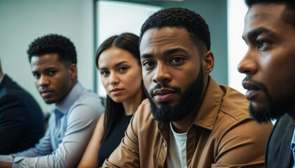 Obraz premium A young man and team listen carefully to young entrepreneurs listening to a presentation in a meeting in office, attention focus , business wide banner 